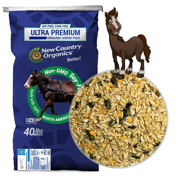 New Country Organics | Performance Horse Feed for Horses in Light to Moderate Work | Corn-Free and Soy-Free | 12% Protein | Certified Organic and Non-GMO | Horse Feeder with Grains & Oats 40 lbs