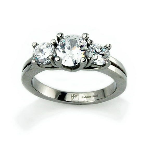 Tioneer Stainless Steel Grooved Center Cut Cubic Zirconia Solitaire Promise Engagement Ring