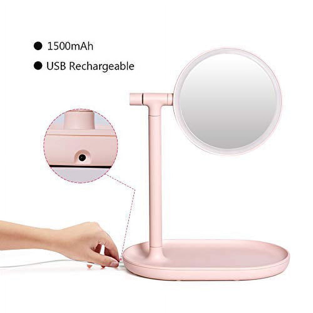 ABQ Lighted Makeup Mirror with Cosmetic Organizer Tray, LED Light Makeup Vanity for Desk or Tabletop – Pink