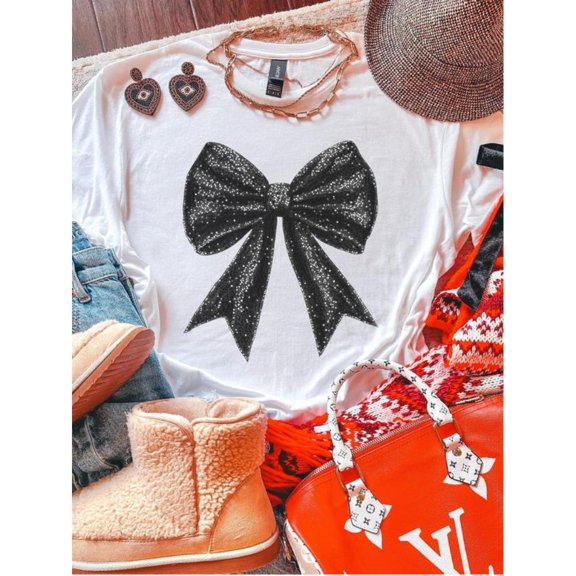 Women's White Glittery Black Bow Graphic Tee S-5XL, Chic Printed T-Shirt Top for Fashion Enthusiasts, Casual Graphic Tees Tops
