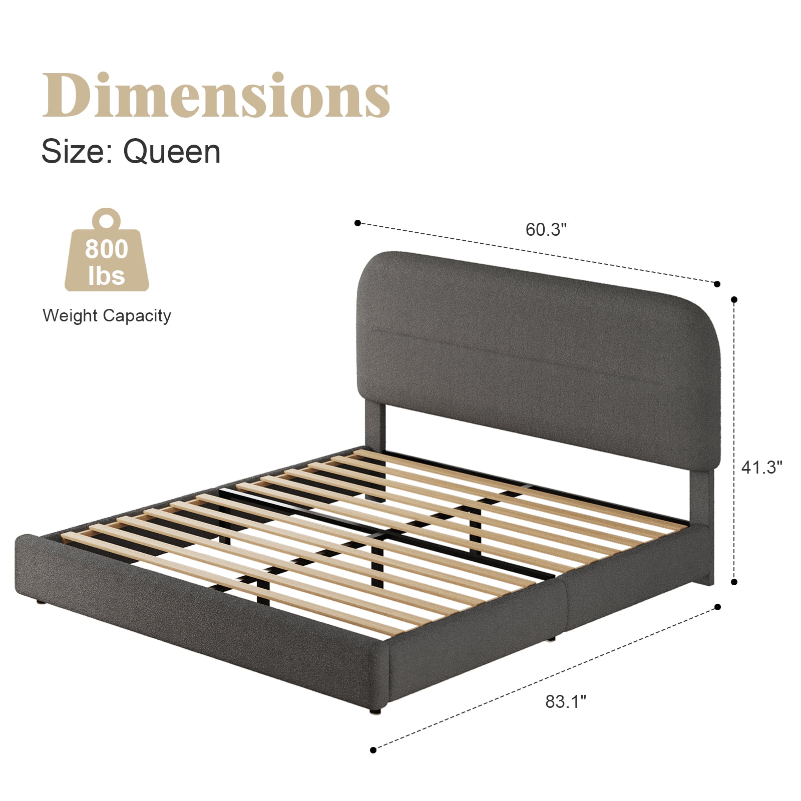 4 EVER WINNER Queen Bed Frame with Headboard, Boucle Upholstered Platform Bed Frame wiith Rounded Corner, Soft Cloud Bed Frame, No Box Spring Needed, Gray