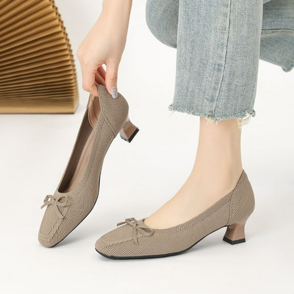 Roncen Women's Knit Square-Toe Bow Detail Slip-On Chunky Heels - Casual Solid Color Low-Cut Comfortable Shoes for Year-Round Wear