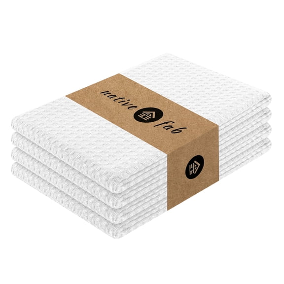 Native Fab Waffle Kitchen Dish Towels 16x26 - 100% Cotton Soft Dishcloths Set of 4 - White
