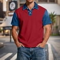 thumbnail image 2 of Blekii Men's Denim Patchwork Short Sleeve Polo Shirt Slim Fit Casual Button down Red L, 2 of 7
