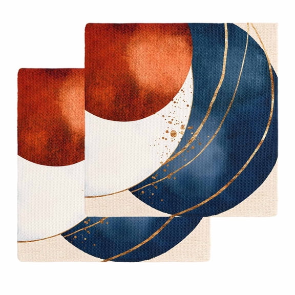 Navy Blue Burnt Orange Kitchen Dish Towels for Drying Dishes Set of 2, Modern Boho Art Geometric Waffle Weave Microfiber Hand Tea Bathroom Towels Quick Dry & Absorbent Towel 12x12