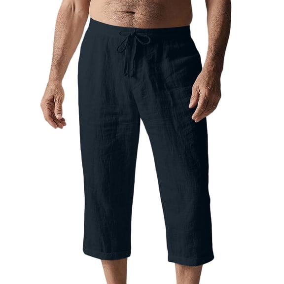 UAMVSH Men's Linen Capri Pants Casual Elastic Waist Drawstring Beach Shorts Summer Hawaiian Below Knee Long Shorts with Pockets