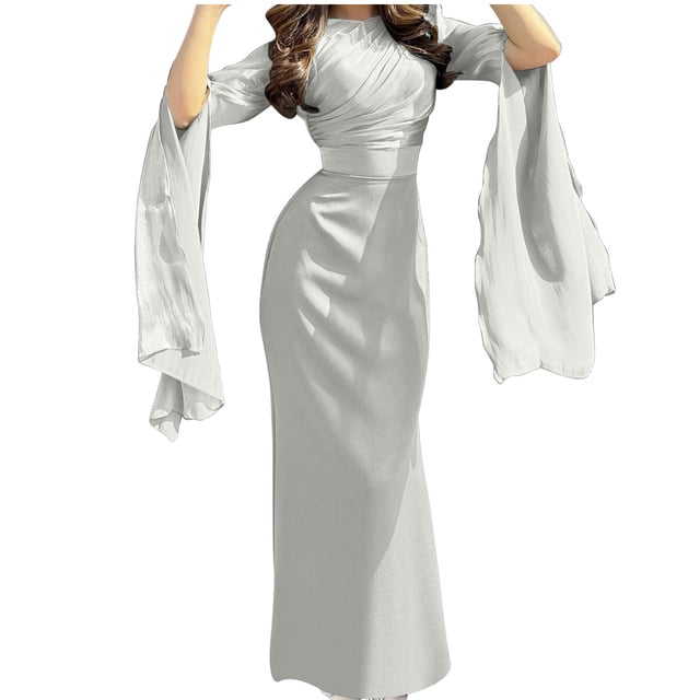 Pisexur Robes de Cocktail pour Femmes 2024 à Manches Longues à Col Rond Robe de Soirée Robe de Fête Mode Robe Moulante Maxi Robe Élégante pour Invitée de Mariage Tunique Plissée Robes de Retour à la Maison