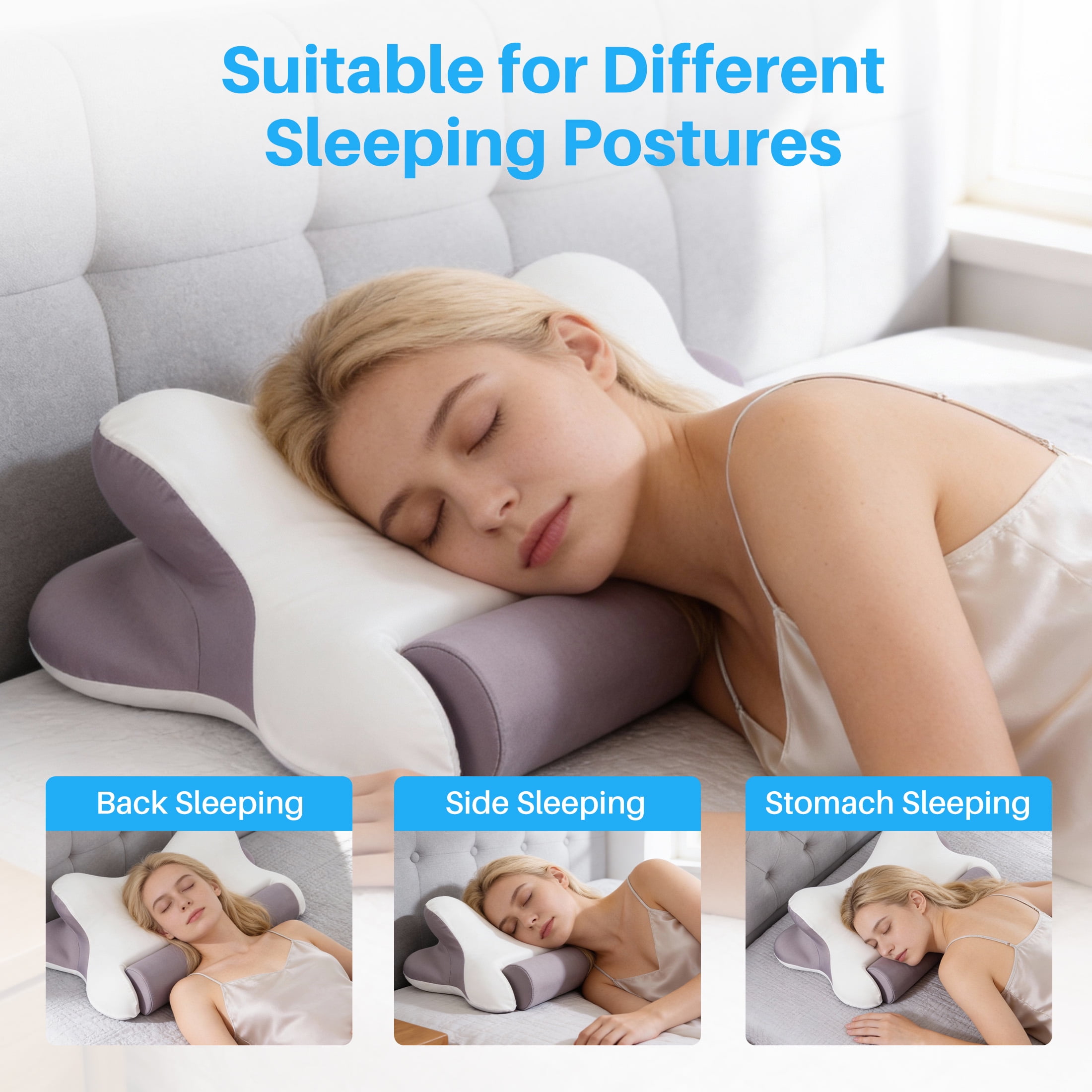 EDX Queen Size Cervical Pillows Memory Foam Bed Pillow for Neck Pain Relief- Removable Cover,White and Gray