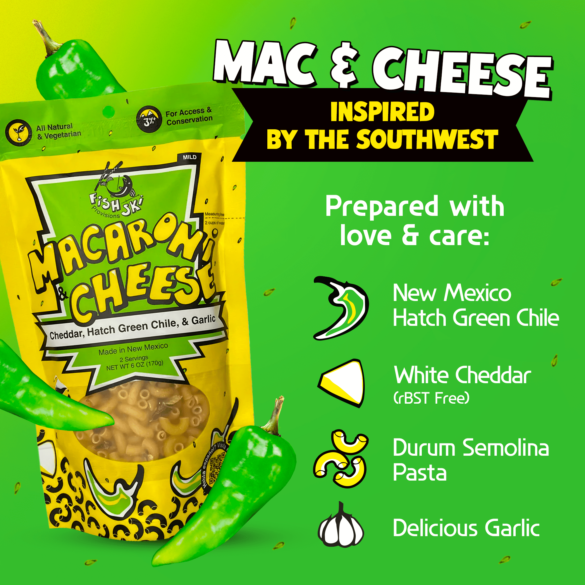 FishSki Provisions Macaroni and Cheese with Hatch Green Chile, Garlic Cheddar Cheese, 6 Pack