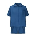 thumbnail image 7 of AKOEE Linen Shorts Sets for Women 2 Piece Casual Short Sleeve Button Down Shirt with Wide Leg Shorts Lounge Outfits (M, Blue), 7 of 7