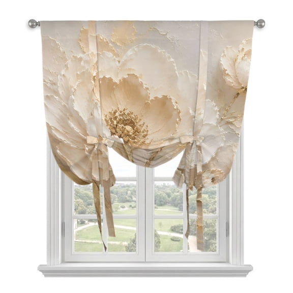 Cream Beige Flowers Tie Up Curtains for Windows, Balloon Window Shades, Modern Abstract Farmhouse Rustic Floral Kitchen Window Treatments Roll Up Curtain for Basement/Nursery 52"x45"
