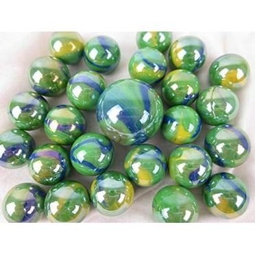 25 Glass Marbles Peacock Iridescent Green Toy  Game Pack (24 Player, 1 Shooter)