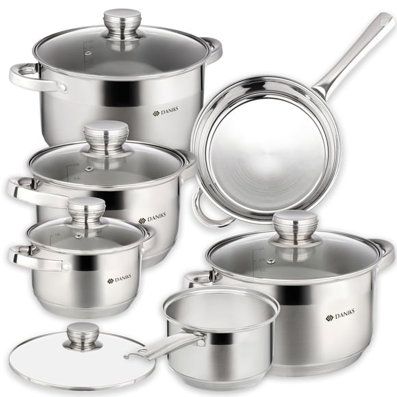 Juego de utensilios de cocina de inducción de acero inoxidable Daniks Standard de 11 piezas: cacerola, sartén, ollas aptas para lavavajillas, escala medidora, tapas de vidrio, para sopa, pasta y estof