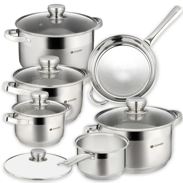 Juego de utensilios de cocina de inducción de acero inoxidable Daniks Standard de 11 piezas: cacerola, sartén, ollas aptas para lavavajillas, escala medidora, tapas de vidrio, para sopa, pasta y estof
