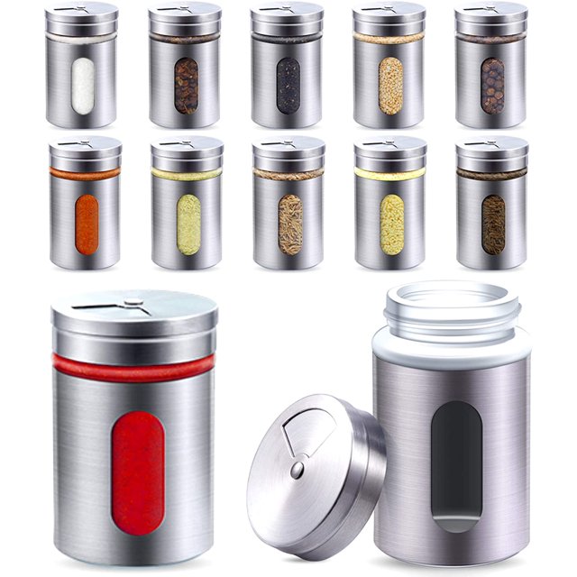 Juego de dispensador de especias de plata de 80 ml con ventana de visualización y ajustador de 3 niveles para especias/querubines