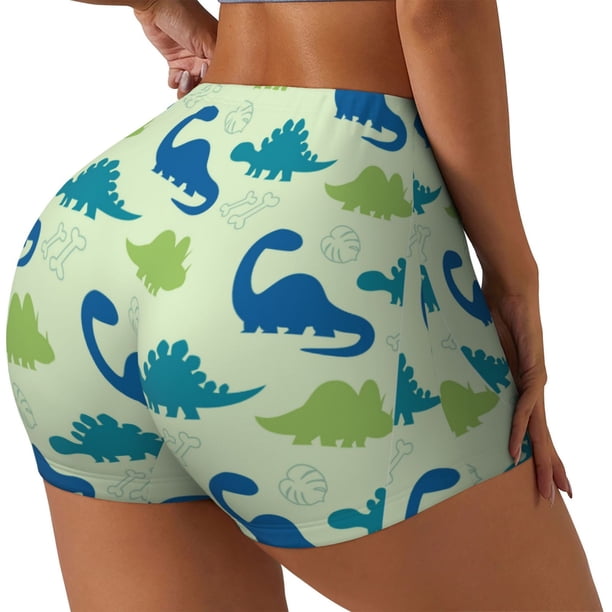 Fotbe Cute Dinosaur Blue Green Shorts Sin Costuras – Shorts Deportivos de Cintura Alta para Mujer, Elásticos para Gimnasio, Yoga, Running o Ciclismo-Medium