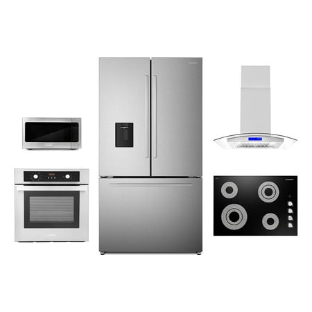 5 Piece Kitchen Package With 30  Electric Cooktop 36  Island Range Hoood 30  Single Electric Wall Oven 30  Over-the-range Microwave & French Door Refrigerator