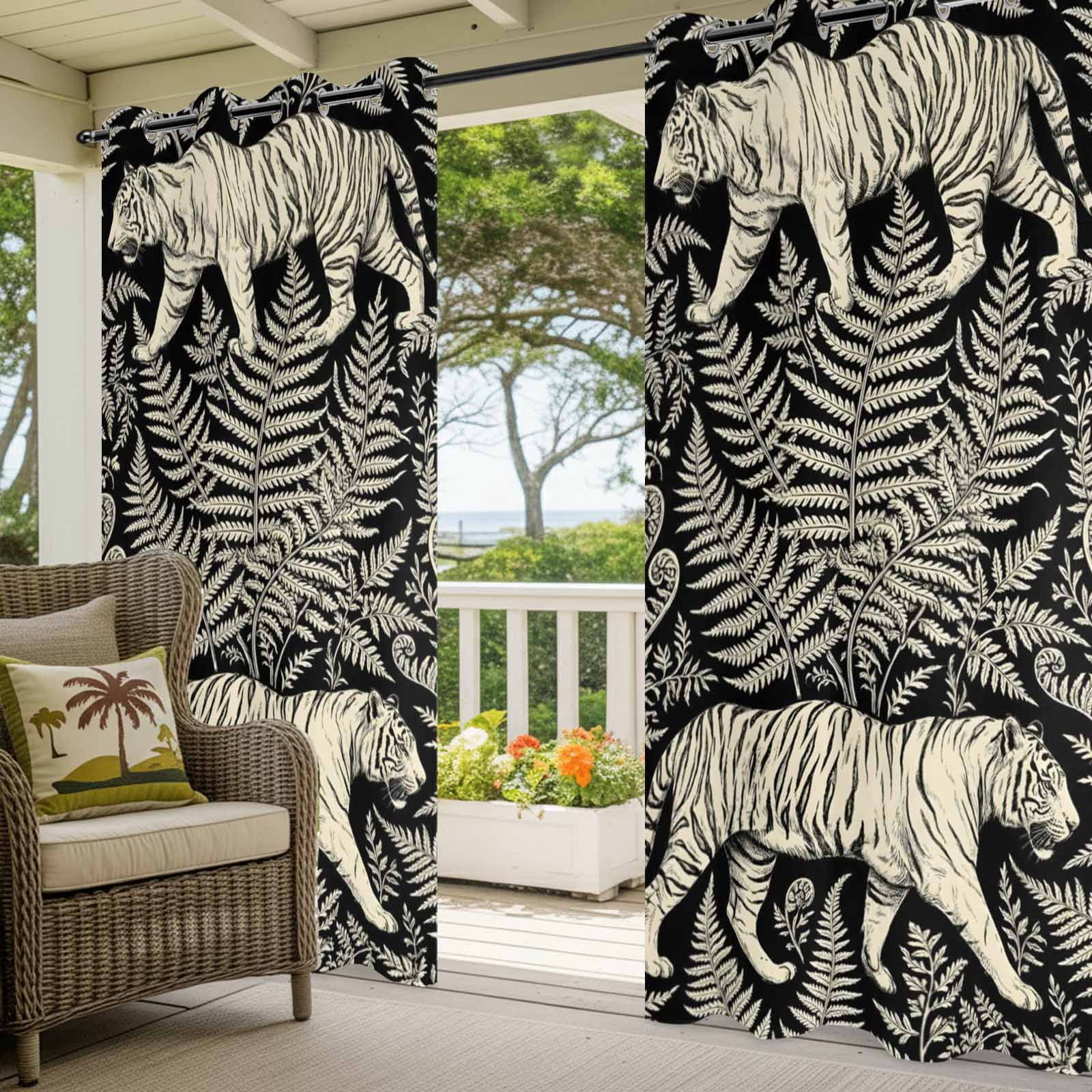 Jungle Tiger Fern Outdoor Curtains for Patio, Black and Beige Tropical Leaves Wildlife Sunshade Privacy Drapes Grommet Waterproof Outside Curtains for Porch/Cabana/Balcony 54"x 108", 1 Panel