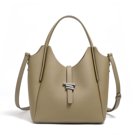 Genuine Cowhide Women Bucket Bag, Elephant Grey Pebbled Leather Handbag Crossbody Bag