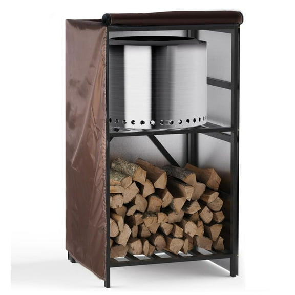 Firewood Storage Cabinet 2-Tier with Waterproof Cover for Logs Backyard Use