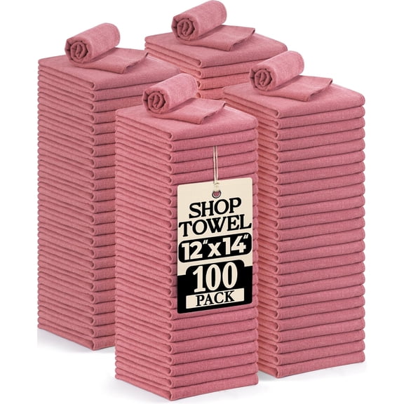 KKFEN-Cotton Shop Towels 12x14 Inch, 100 Pack Soft, Absorbent Reusable Cotton Rags, Durable and Multipurpose Cleaning Shop Towel for Auto, Garage, Bar, & Home Cleaning (Red)