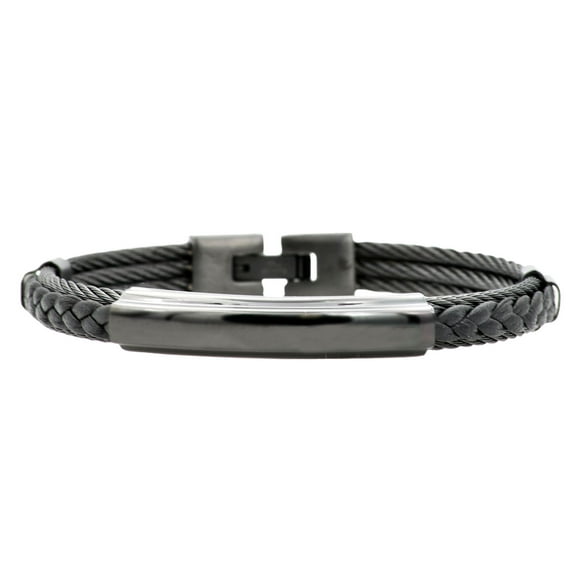 Arista Men's Wire Bangle in Black Leather and Black Plated Stainless Steel, 8.5"