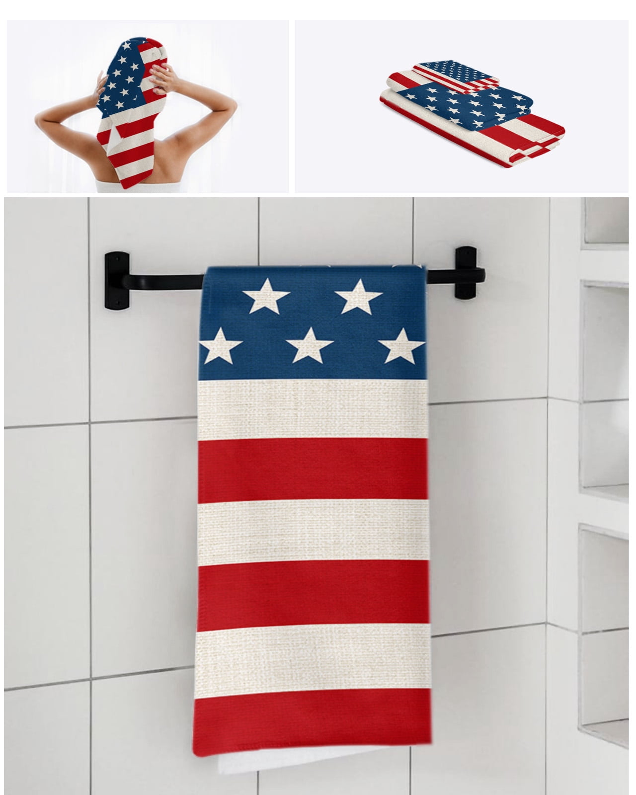 4th of July Towel Set of 3, Soft Microfiber Bath Towels, Hand Towel, Washcloths, Red Stripes Independence Day Quick-Dry Absorbent Towels for Bathroom Kitchen Hotel Beach Gym Spa