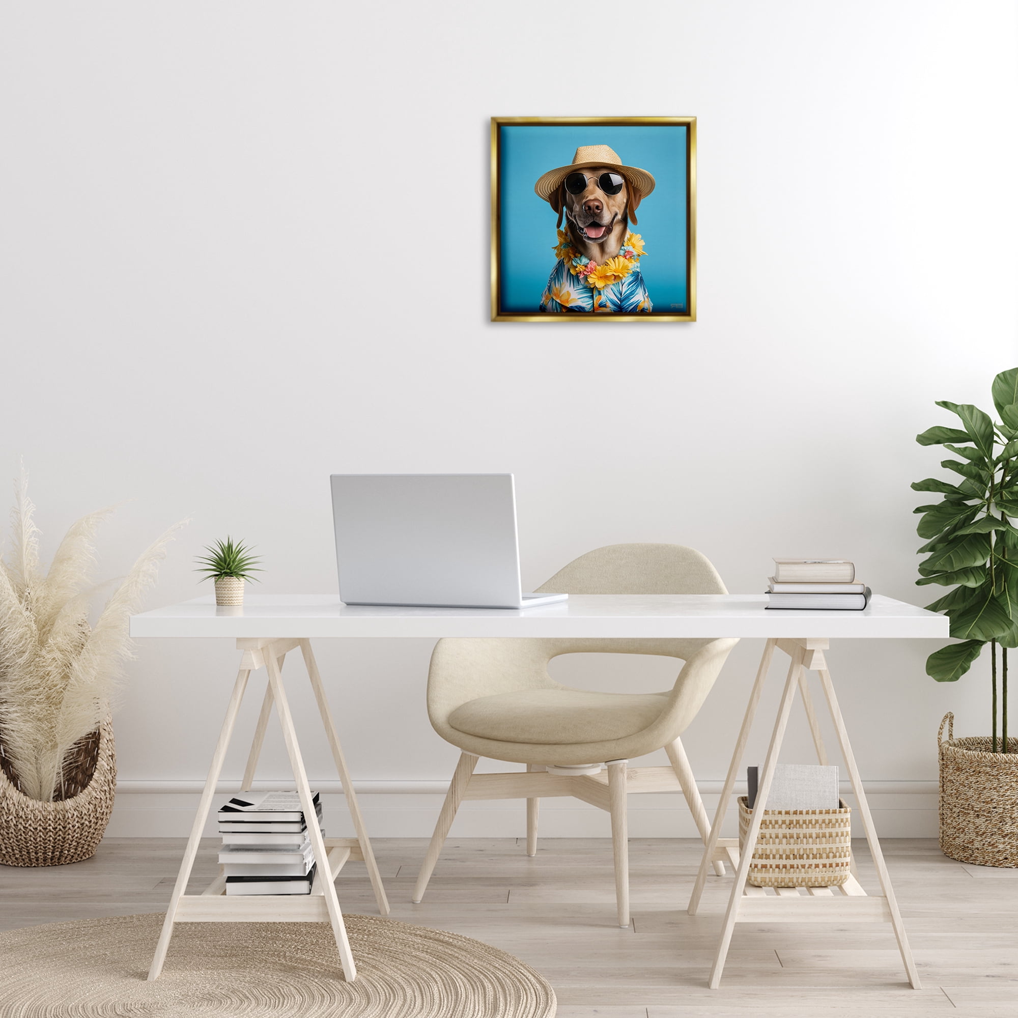 Stupell Industries Dog with Aloha Shirt Animals & Insects Painting Gold Floater Framed Canvas Art Print Wall Art, 18 x 18