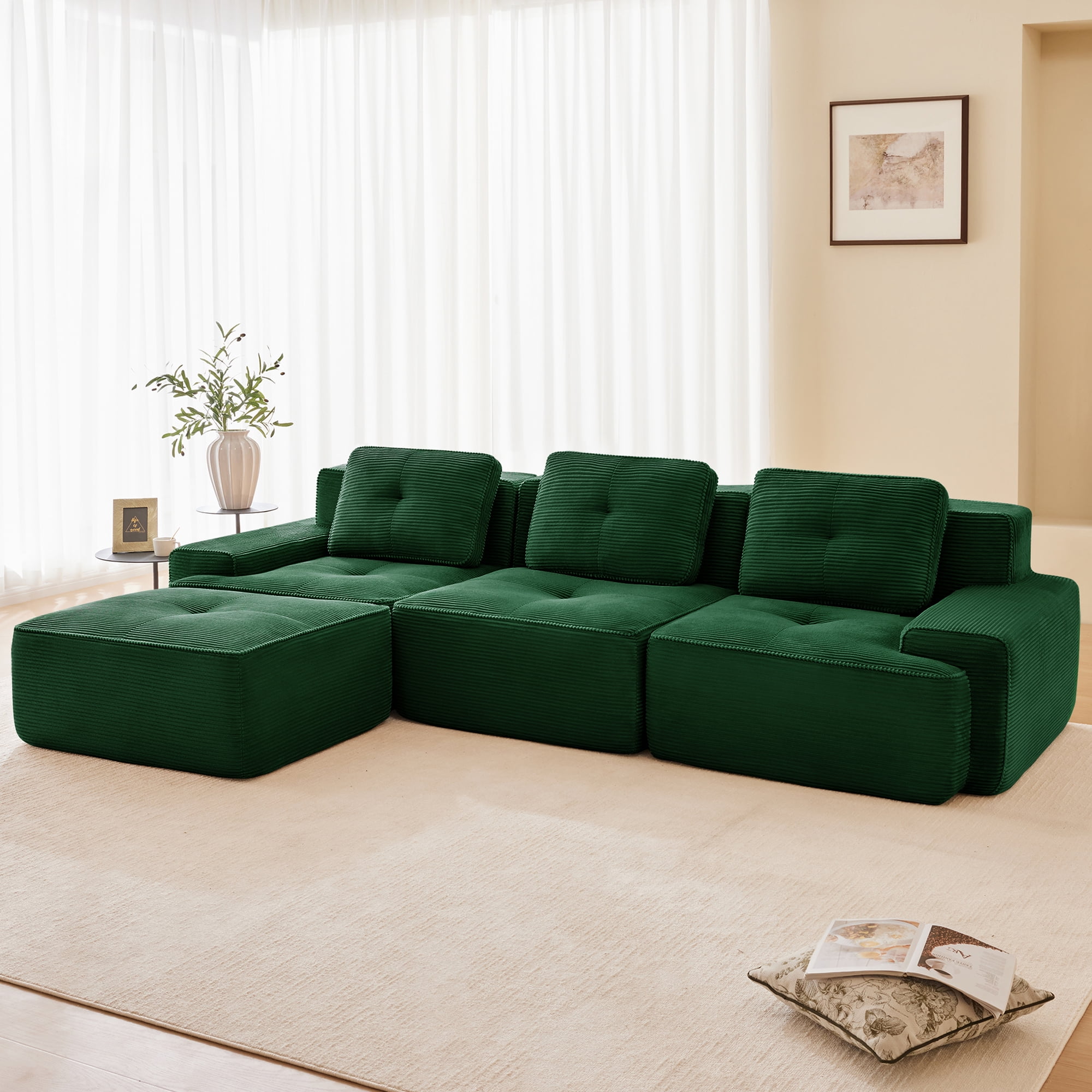 Aukfa 4-Piece Cloud Couch Sectional Sofa with Ottoman, 117" L-Shaped Deep Seat Boneless Couch, Upholstered Living Room Furniture Set, Green