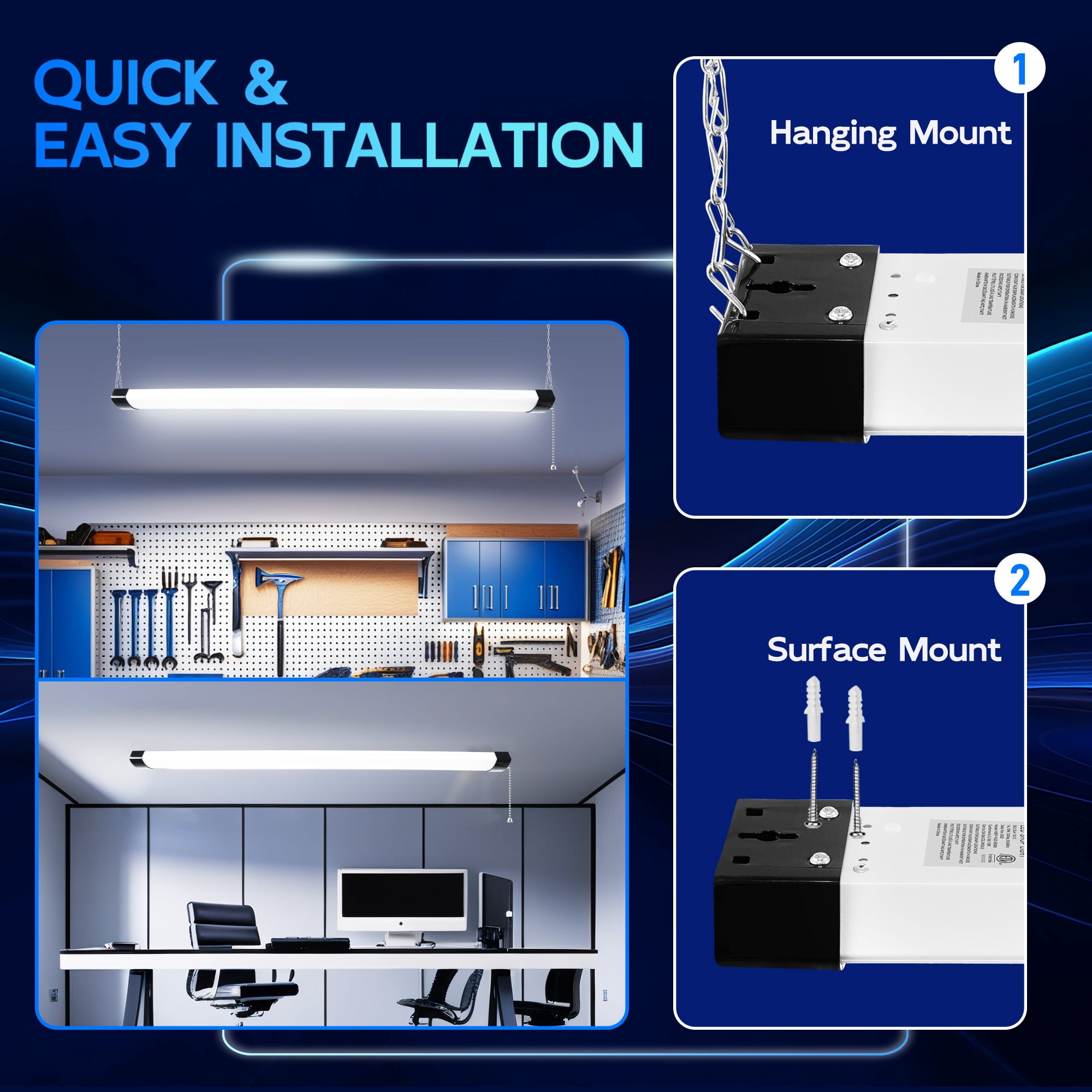 Hlite 4FT LED Shop Light with Pull Chain Switch, 70W 8000LM 5000K, Linkable Hanging Light, ETL Listed for Garage Basement Plant Light(Black)