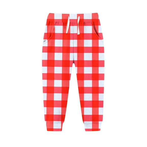 IVEYRTF Children's Christmas Checkered Print Pants Elastic Waistband with Drawstring and Pockets Thickened Casual Sports Sweatpants Trousers for Kids 2-15 Years(Red#1,10-11 Years)