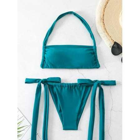 2024 Drawstring Bikini Solid Swimsuit Women Bandeau Halter Swimwear Female Bathers Bathing Swimming Swim Suit Beachwear