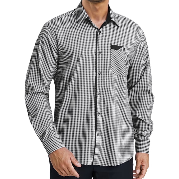 Men's Plaid Button Down Shirts Long Sleeve Dress Shirts Regular Fit Black Shirts with Pocket L