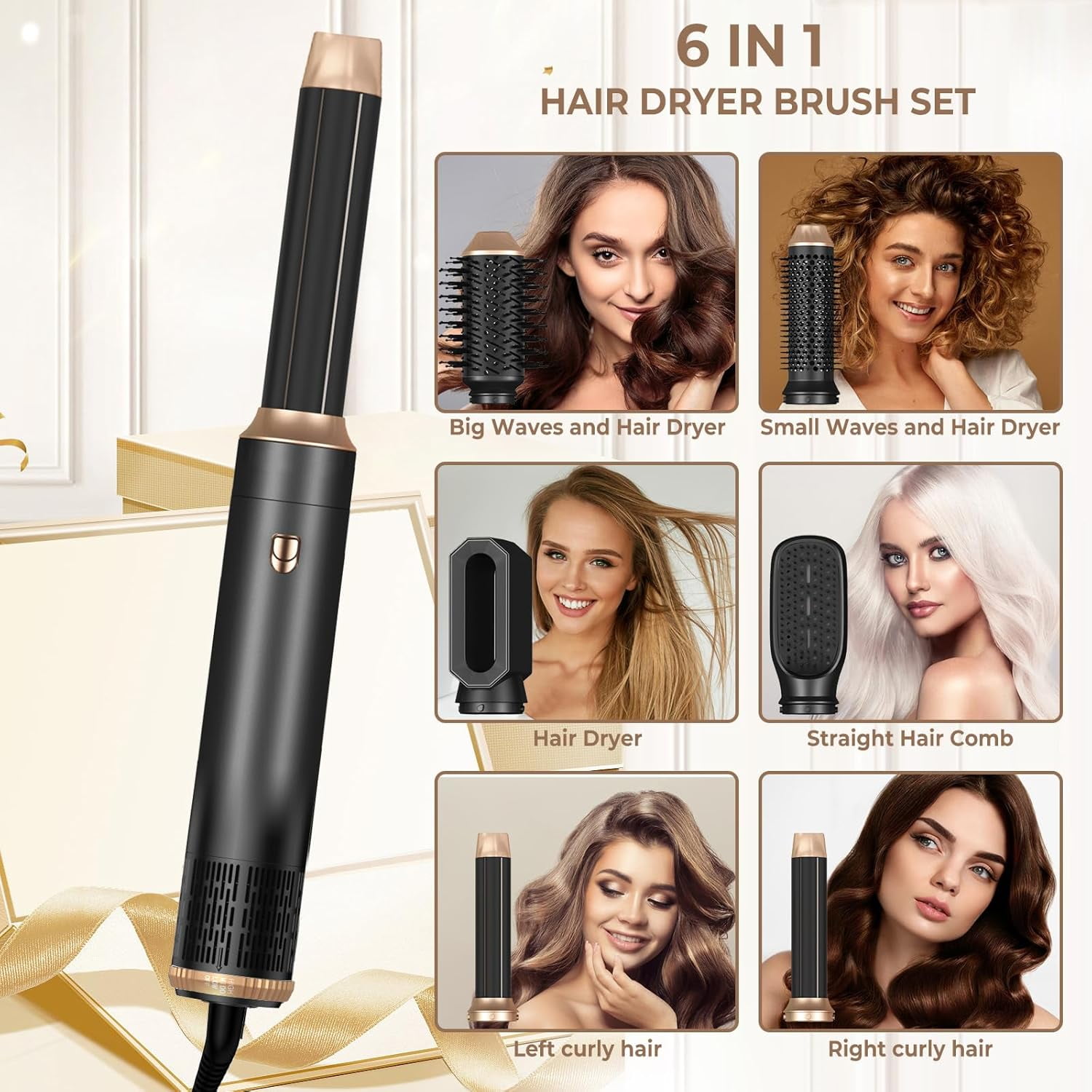 6-in-1 Professional Hot Air Styler & Hair Dryer Brush - Powerful Air Curling Wrap Styler with Negative Ionic Technology for All Hair Types