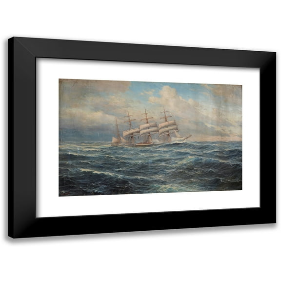 John Holst 14x11 Black Modern Framed Museum Art Print Titled - Seascape with a Ship (20th Century)