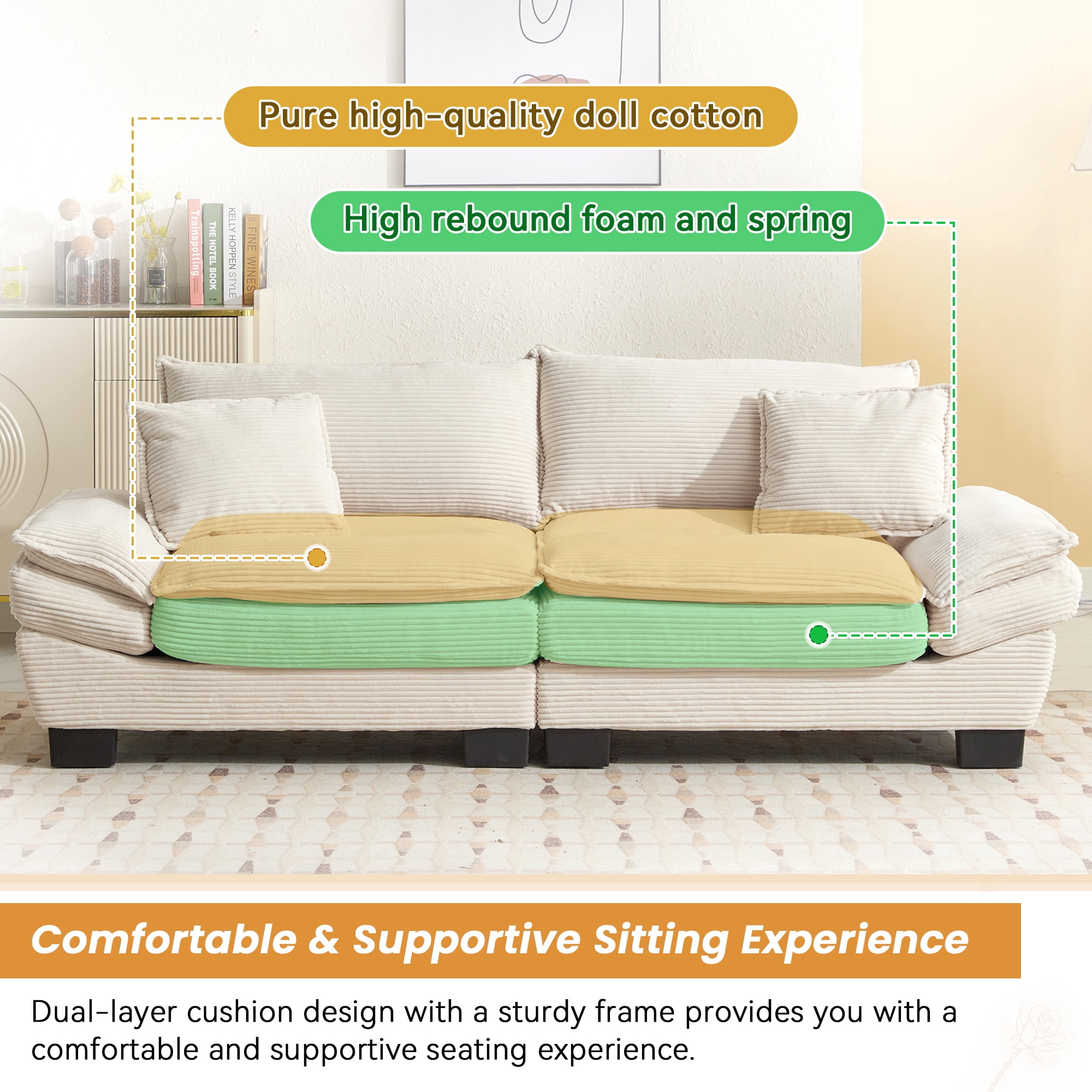 Dinosisco 84"L Deep Seat Sofa, Corduroy Upholstered Sleeper Couch for Living Room, Beige