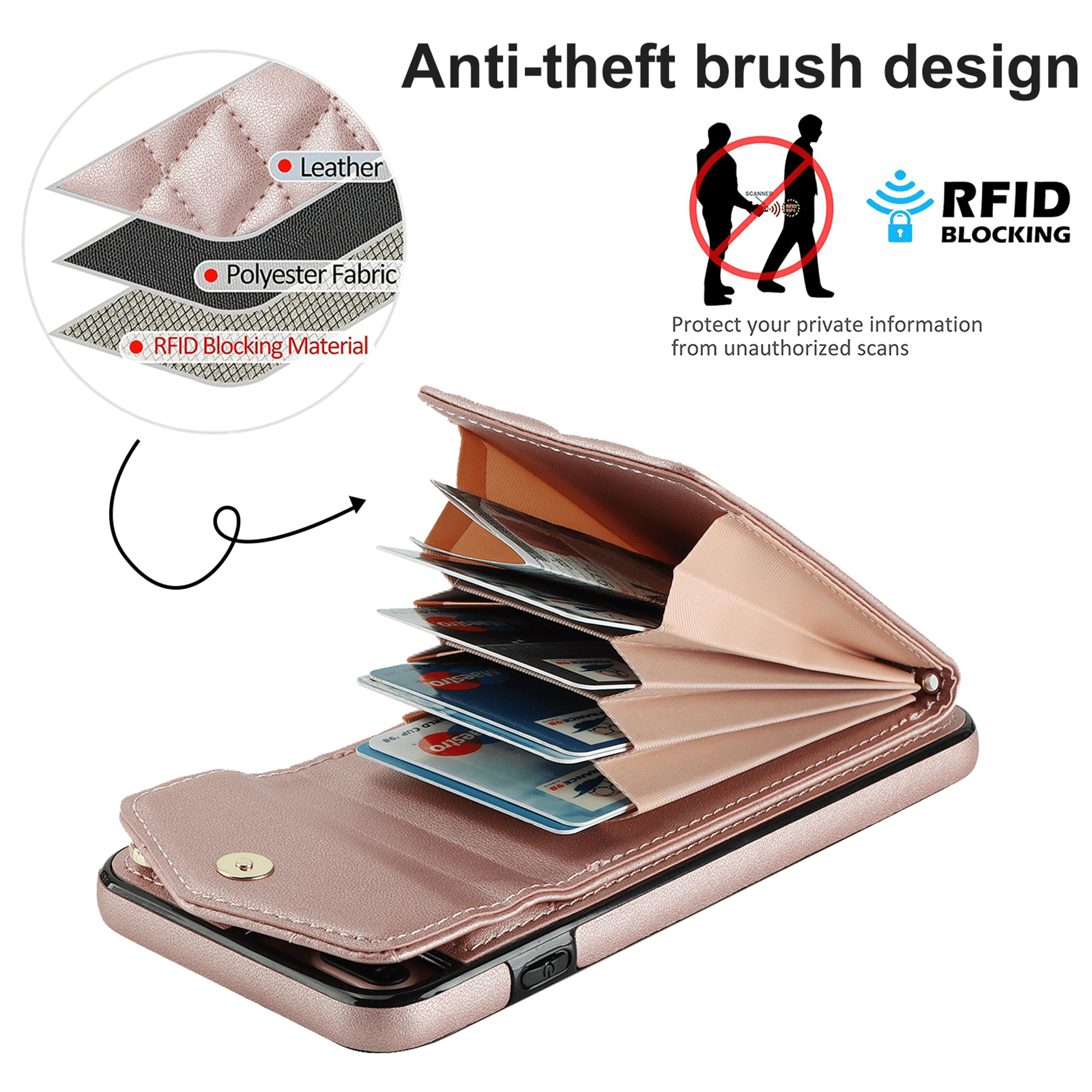 Asuwish Wallet RFID Blocking PU Leather Cell Phone Case with Tempered Glass Screen Protector, Wrist Strap for iPhone 7 Plus/8 Plus, Rose Gold