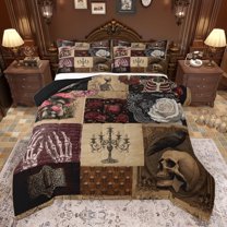 jejeloiu Gothic Skull Skeleton Full Size Comforter Sets,Rustic Botanical Mushroom Bedding Comforter Set,Retro Floral Bedding Sets For Men Women,Breathable Home Decor Reversible,3-Piece