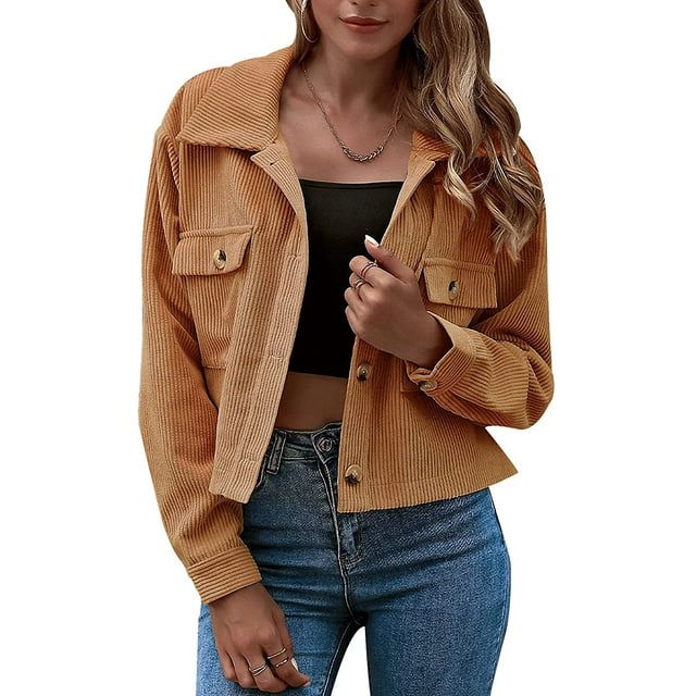 Gihuo - Chaqueta de pana recortada con botones para mujer Adepaton HMFJ303-3