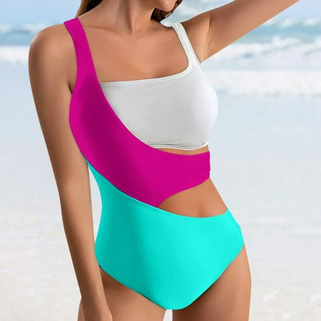 Rigardu Hot Sale!! Women s One Piece Bathing Suits One Shoulder Swimsuits Slimming Color Block Hollow Out Swimwear Women s One Swimsuits Cutout High Waisted Bathing Suit Hot Pink S