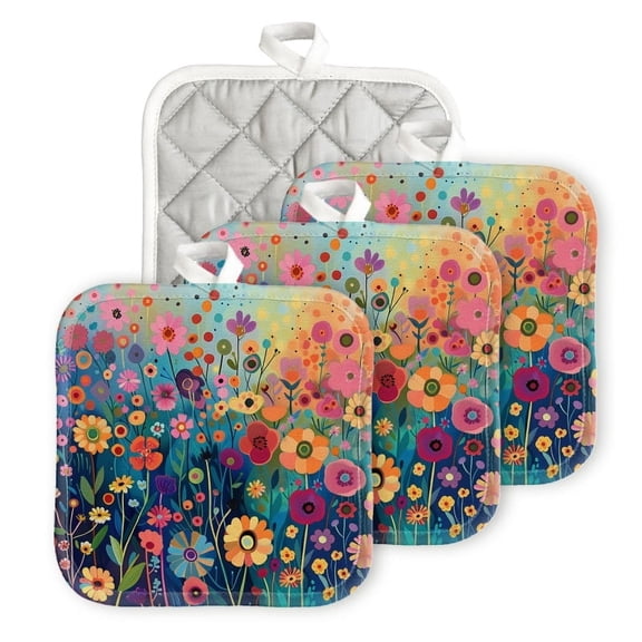 Bahomeck Pot Holder 4Pcs,Abstract Garden Filled With Blooming Flowers In Various Colors Square Heat Resistant Hot Pads For Kitchen Cooking Oven With Hanging Loop Potholder Easy To Store