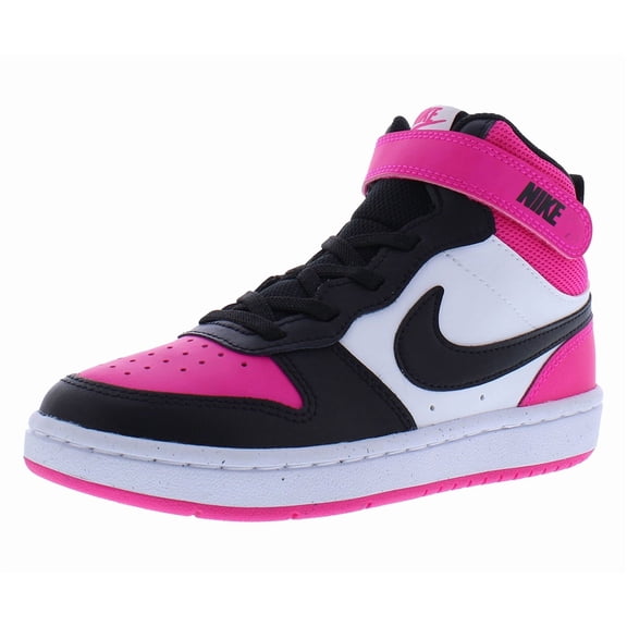 Nike Court Borough Mid 2 Leather PS Girls Shoes Size 10.5, Color: White/Black/Fierce Pink