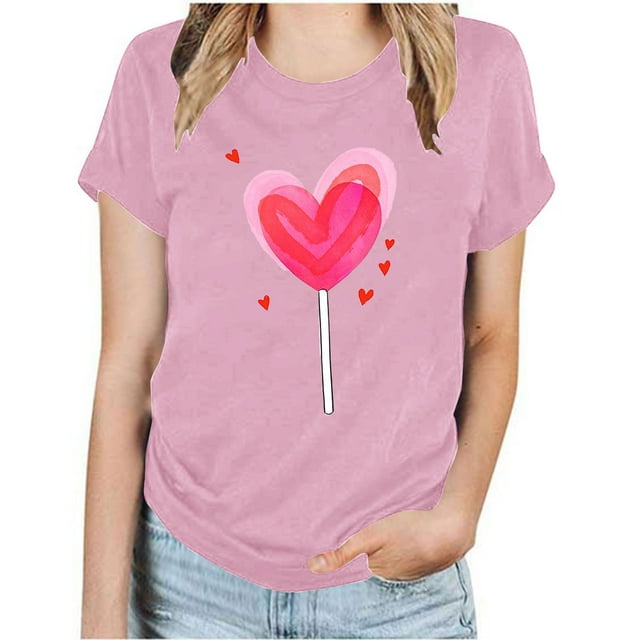 Meichang T-Shirts Cœur d'Amour pour Femmes T-Shirts de la Saint-Valentin T-Shirts Graphiques Cœur Manches Courtes Coupe Ample Pull Col Rond Mignon T-Shirts Blouses