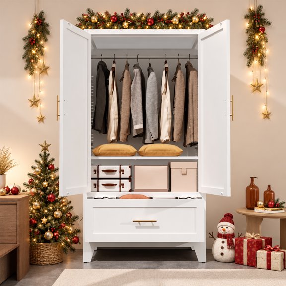 ZIVACATE 60" Metal Wardrobe Cabinet with 1 Drawer & Hanging Rod, 2 Doors Storage Closet with Shelf for Bedroom, Office, Laundry Room for Adults, White