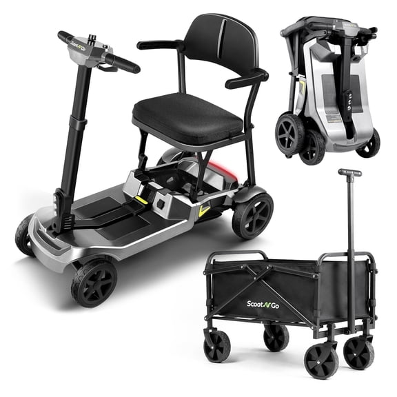 ScootNGo Lite 39 lbs Ultra-Lightweight Foldable Mobility Scooter for Seniors, Folds in an Instant 4-Wheel Electric Travel Scooter, Airline Approved with Trailer, Silver