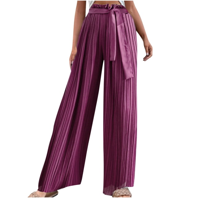BLVB Women's Elastic High Waisted Drawstring Draped Pleated Wide Leg Lounge Pants, Casual Flowy Trousers
