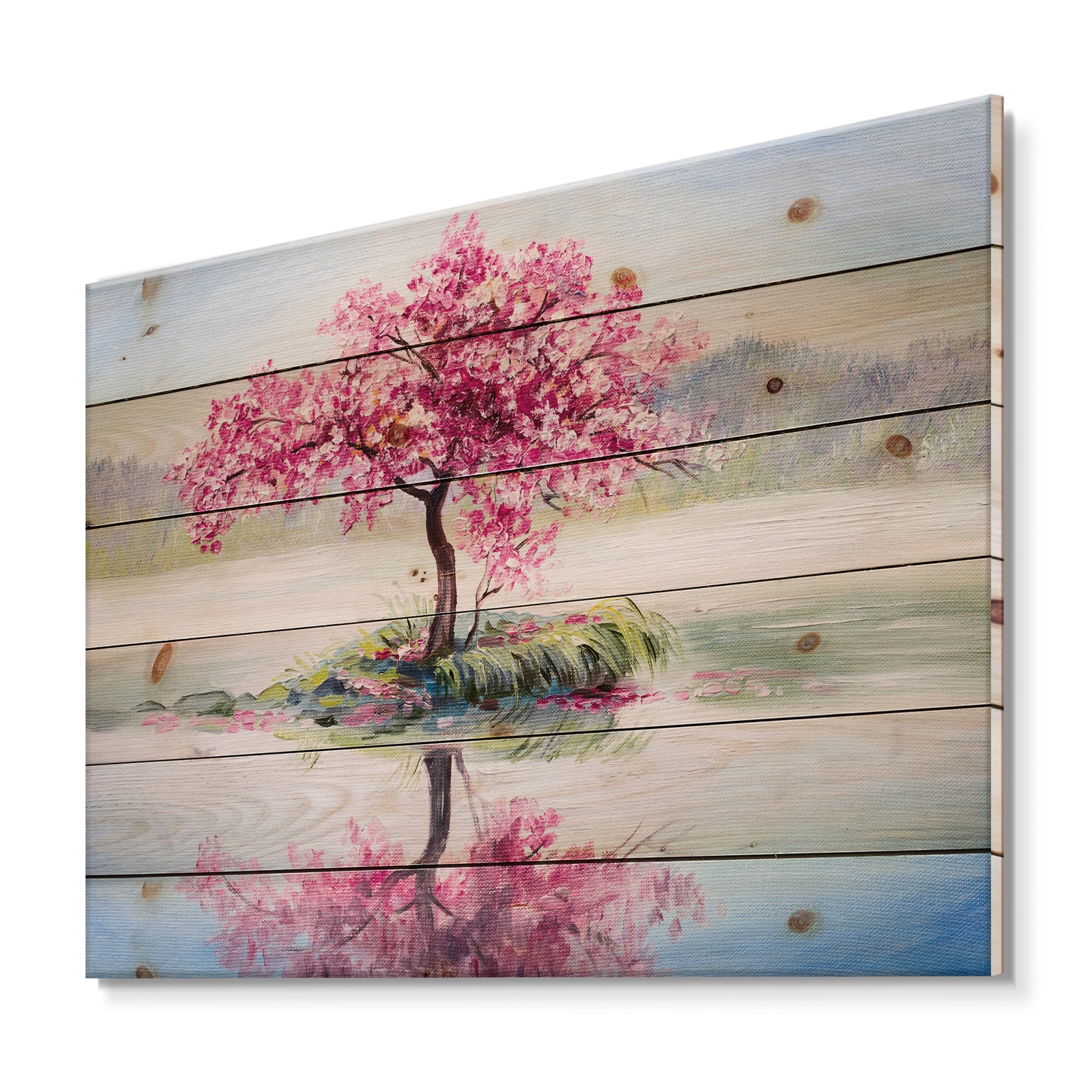 Designart 'Oriental Cherry Pink Tree Sakura On The Lake' Lake House Print on Natural Pine Wood