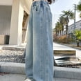 thumbnail image 4 of Frostluinai Distressed Jeans for Girl 5-15Y High Elastic Waist Retro Denim Pants Baggy Straight Wide Leg Jeans with Pocket Vaqueros De Mujer, 4 of 8