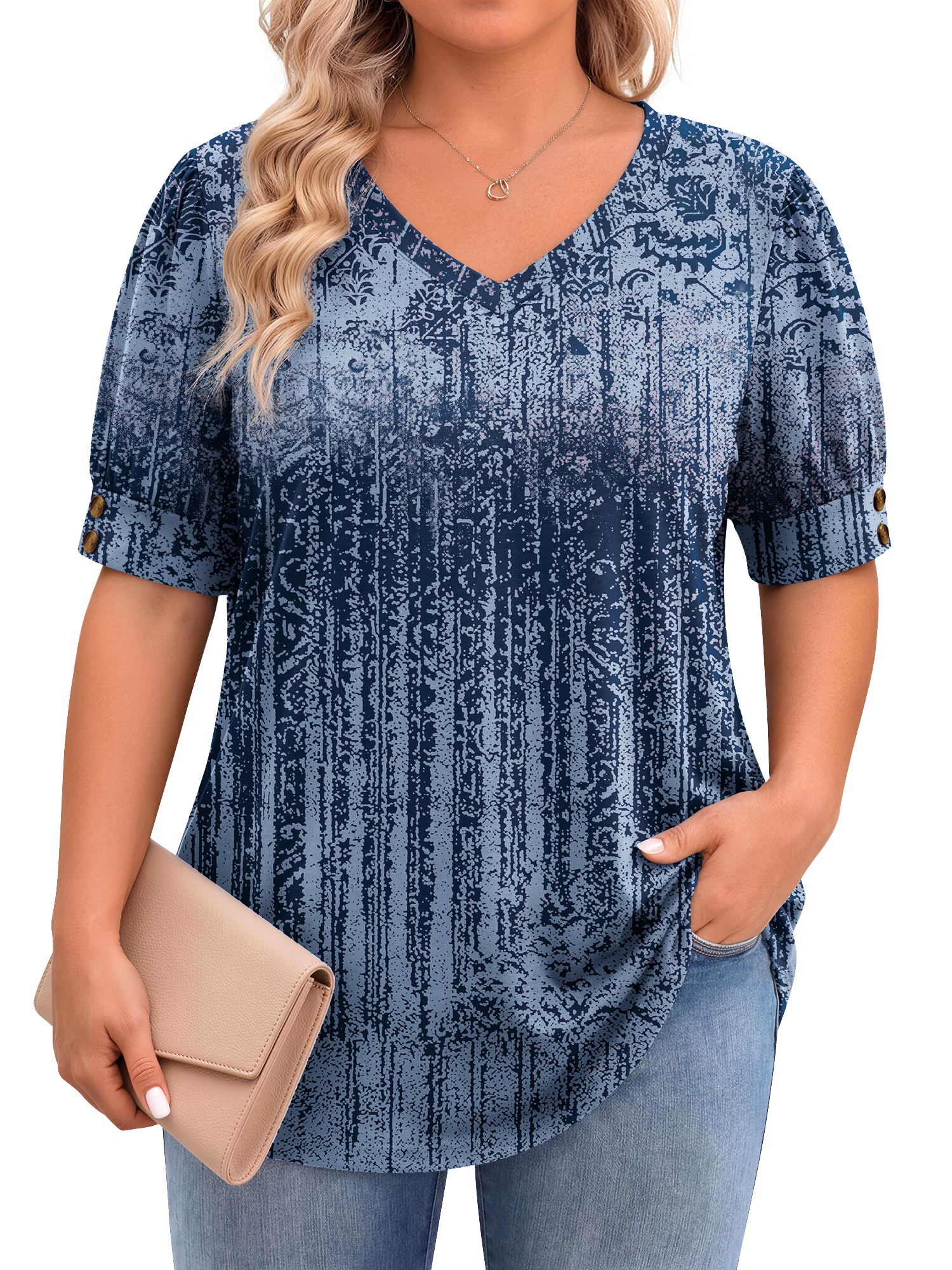 WellSize Plus Size Women Blouses Casual Button V Neck tunic tops Summer Short Sleeve Shirts