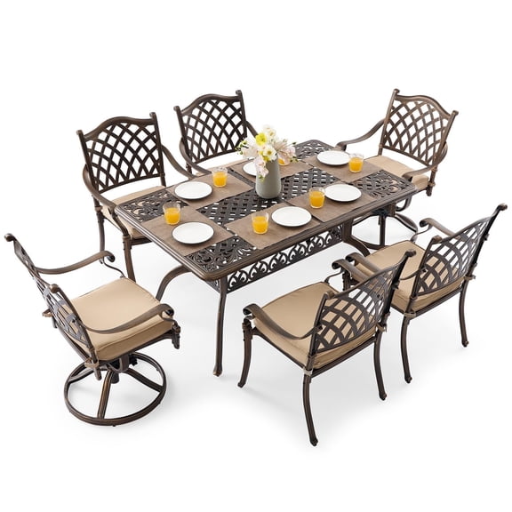 7 Piece Outdoor Dining Set Cast Aluminum Patio Dining Set for 6 Includes 59” Table 2 Swivel Chairs with Thicker Cushions and Umbrella Hole